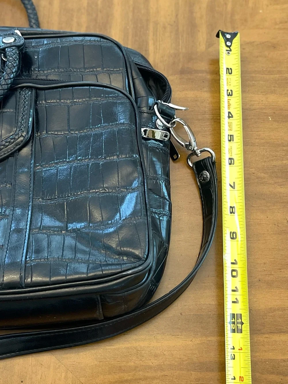 Black Croc-Embossed Leather Briefcase Bag with silver hardware